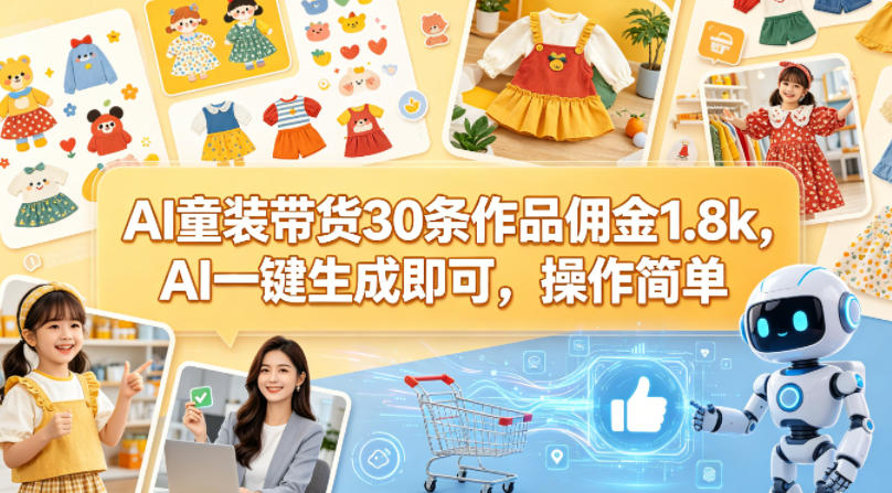AI童装带货30条作品佣金1.8k，AI一键生成即可，操作简单 - 严选资源大全