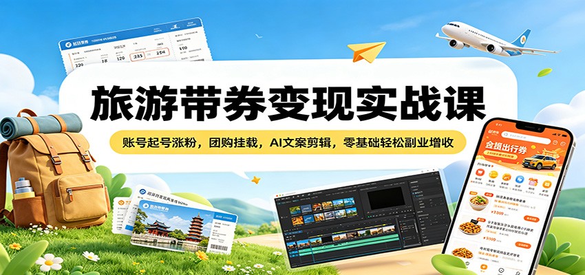 旅游带券变现实战课：账号起号涨粉，团购挂载，AI文案剪辑，零基础轻松副业增收 - 严选资源大全