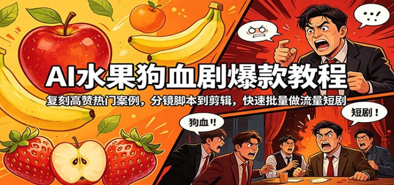 AI水果狗血剧爆款教程：复刻高赞热门案例，分镜脚本到剪辑，快速批量做流量短剧 - 严选资源大全 - 严选资源大全
