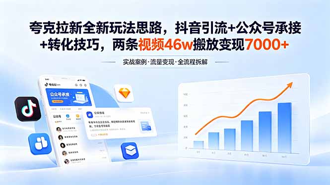 夸克拉新全新玩法思路，抖音引流+公众号承接+转化技巧，两条视频46w搬放 变现7000+ - 严选资源大全