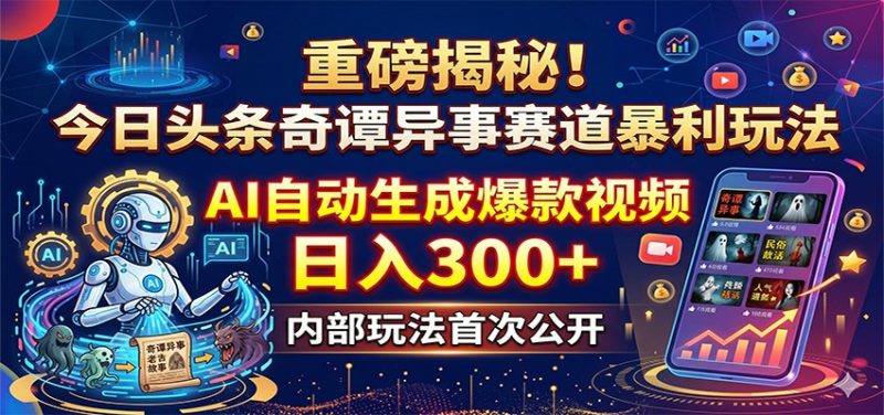 重磅揭秘！今日头条奇谭异事赛道暴利玩法：AI自动生成爆款视频，日入300+ - 严选资源大全 - 严选资源大全