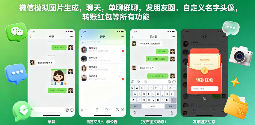 微信模拟图片生成，聊天，单聊群聊，发朋友圈，自定义名字头像，转账红包等所有功能都可以生成 - 严选资源大全