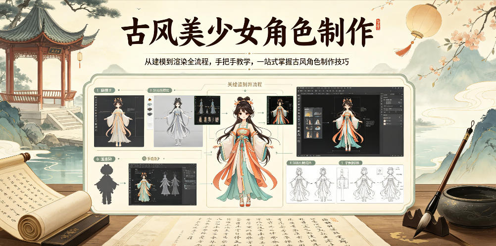 古风美少女角色制作，从建模到渲染全流程，手把手教学，一站式掌握古风角色制作技巧 - 严选资源大全