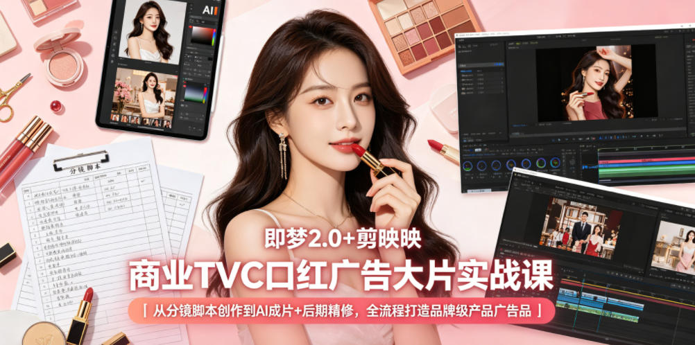 即梦2.0+剪映商业TVC口红广告大片实战课｜从分镜脚本创作到AI成片+后期精修，全流程打造品牌级产品广告 - 严选资源大全