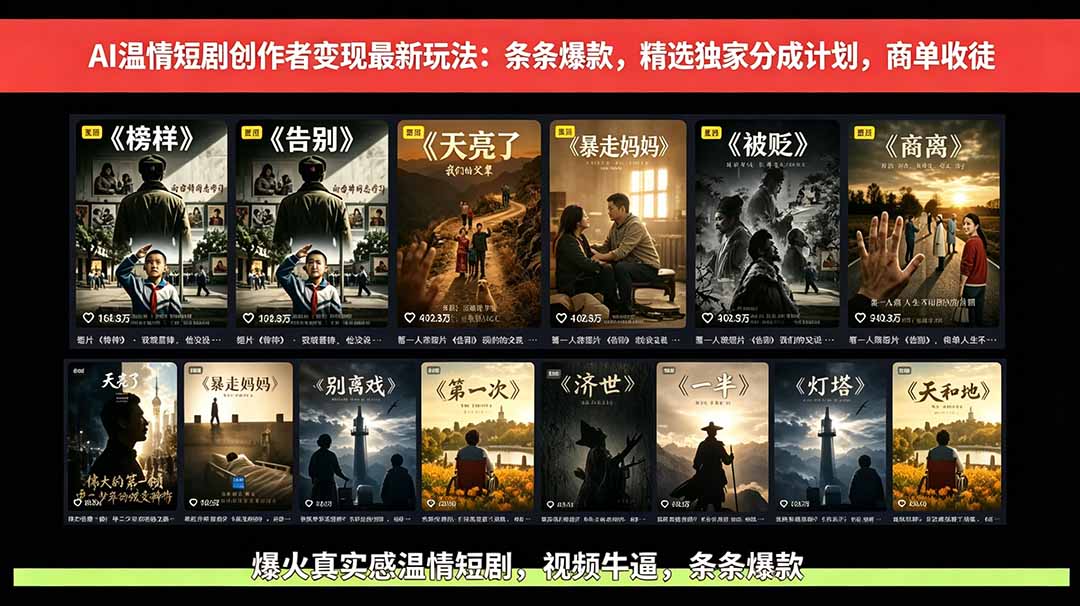 AI温情短剧创作者变现最新玩法：视频牛逼，条条爆款，精选独家分成计划，商单收徒 - 严选资源大全