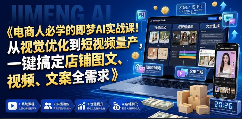 电商人必学的即梦AI实战课!从视觉优化到短视频量产,一键搞定店铺图文、视频、文案全需求 - 严选资源大全