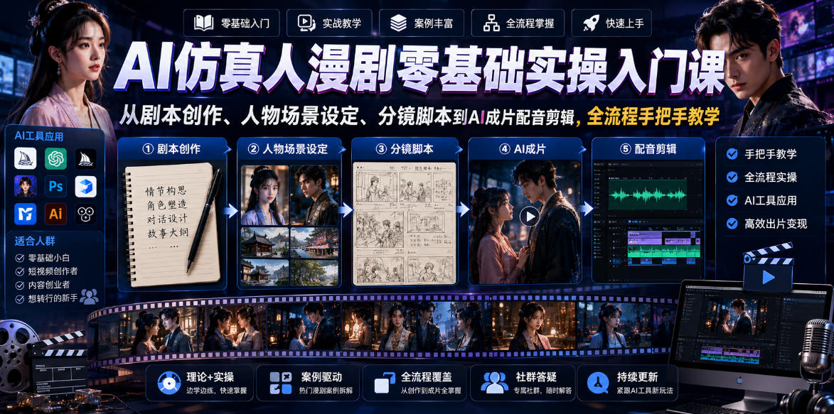 AI仿真人漫剧零基础实操入门课,从剧本创作、人物场景设定、分镜脚本到AI成片配音剪辑,全流程手把手教学 - 严选资源大全