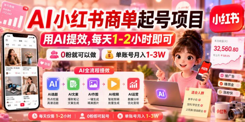 AI小红书商单起号项目,用AI提效,每天1-2小时即可,0粉就可以做,单账号月入1-3W - 严选资源大全 - 严选资源大全