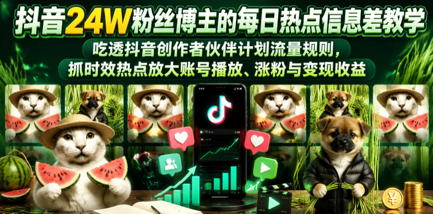 抖音24W粉丝博主的每日热点信息差教学,吃透创作者伙伴计划流量规则,抓时效热点放大账号播放、涨粉与变现收益(更新) - 严选资源大全