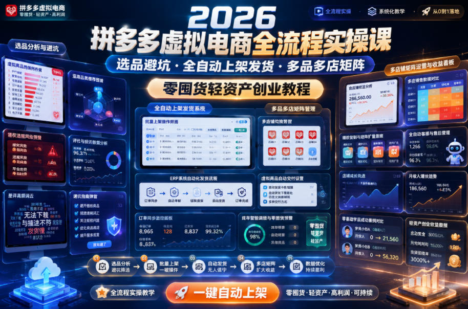 2026拼多多虚拟电商全流程实操课,选品避坑・全自动上架发货・多品多店矩阵,零囤货轻资产创业教程 - 严选资源大全