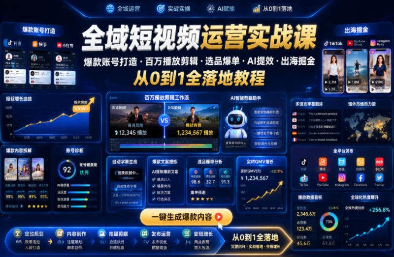 全域短视频运营实战课,爆款账号打造・百万播放剪辑・选品爆单・AI提效・出海掘金,从0到1全落地教程 - 严选资源大全 - 严选资源大全