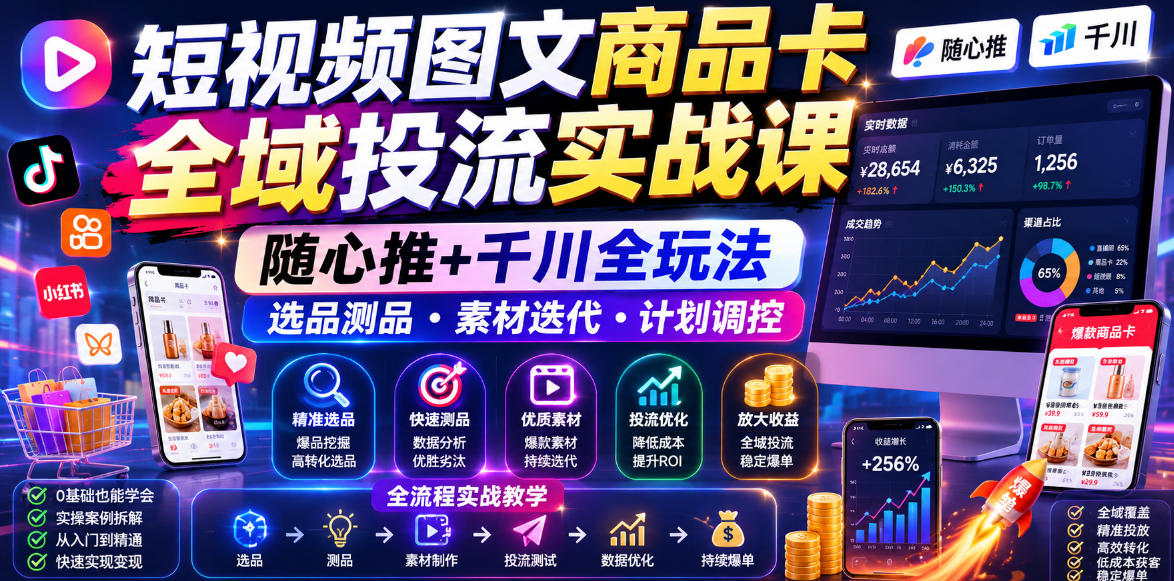 短视频图文商品卡全域投流实战课,随心推+千川全玩法,选品测品・素材迭代・计划调控,提升ROI爆单增收教程 - 严选资源大全