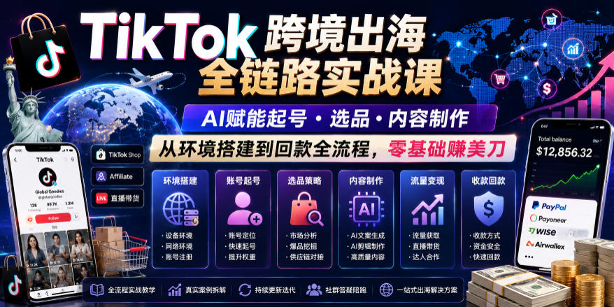 TikTok跨境出海全链路实战课,AI赋能起号・选品・内容制作,从环境搭建到回款全流程,零基础賺美刀 - 严选资源大全