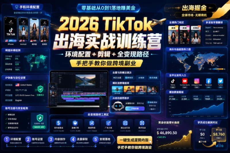 2026 TikTok出海实战训练营,环境配置 + 剪辑 + 全变现路径,手把手教你做跨境副业 - 严选资源大全 - 严选资源大全