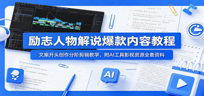 励志人物解说爆款内容教程：文案开头创作分阶剪辑教学，附AI 工具影视资源全套资料 - 严选资源大全