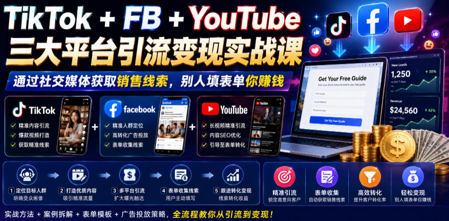 TikTok+FB+YouTube三大平台引流变现实战课，通过社交媒体获取销售线索，别人填表单你賺钱【原创双语字幕】 - 严选资源大全