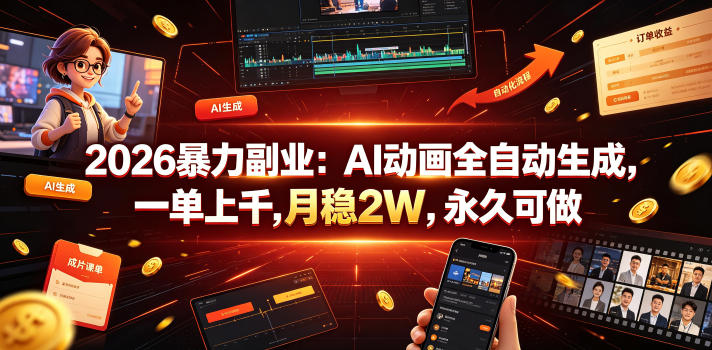 2026暴力副业：AI动画全自动生成，一单上千，月稳2W，永久可做【揭秘】 - 严选资源大全