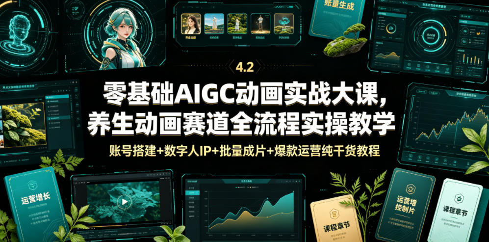 零基础AIGC动画实战大课，养生动画赛道全流程实操教学，账号搭建+数字人IP+批量成片+爆款运营纯干货教程 - 严选资源大全