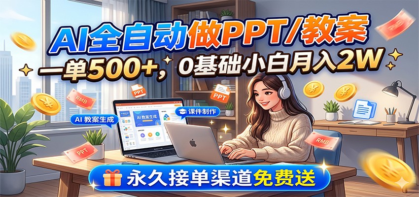 AI全自动做PPT/教案，一单500+，0基础小白月入2W，永久接单渠道免费送 - 严选资源大全