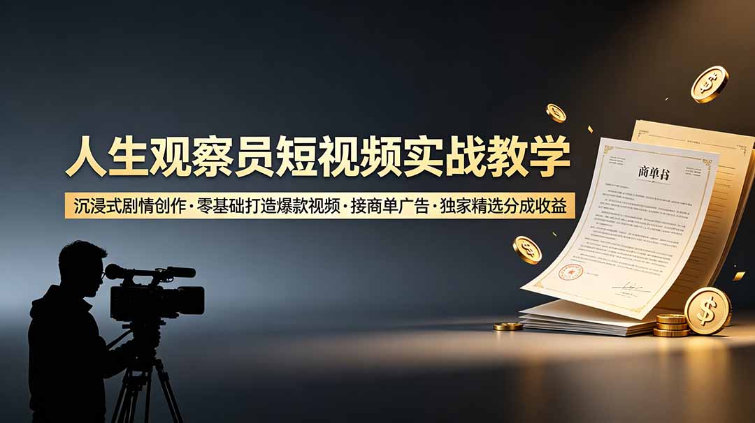 人生观察员短视频实战教学,沉浸式剧情创作,零基础打造爆款视频,接商单广告,独家精选分成收益 - 严选资源大全