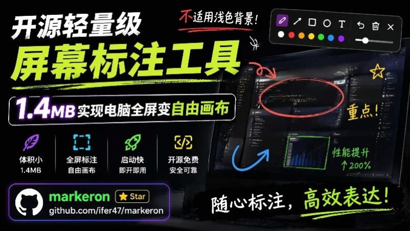 开源轻量级屏幕标注工具，1.4MB实现电脑全屏变自由画布！支持8种标注工具和全键盘操控MarkerOn - 严选资源大全 - 严选资源大全