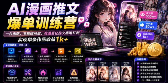 AI漫画推文爆单训练营，一台电脑，零基础可做，吃透百亿推文赛道红利，实现单条作品收益1k+ - 严选资源大全