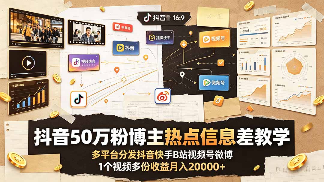 抖音50万粉博主热点信息差教学：多平台分发抖音快手B站视频号微博，1个视频多份收益月入20000+ - 严选资源大全