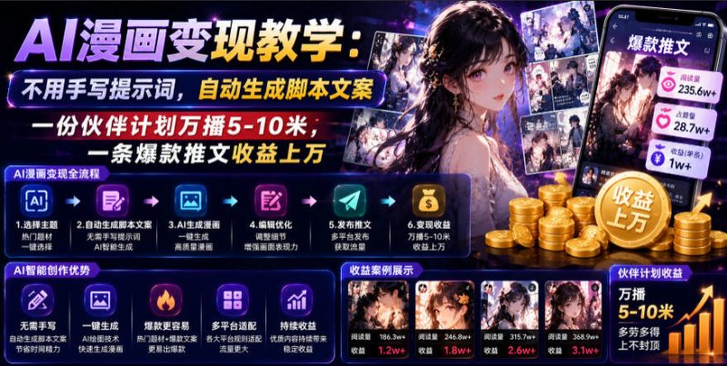 AI漫画变现教学:不用手写提示词,自动生成脚本文案,一份伙伴计划万播5-10米,一条爆款推文收益上W - 严选资源大全 - 严选资源大全