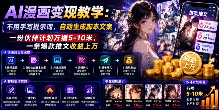 AI漫画变现教学：不用手写提示词，自动生成脚本文案，一份伙伴计划万播5-10米，一条爆款推文收益上W - 严选资源大全