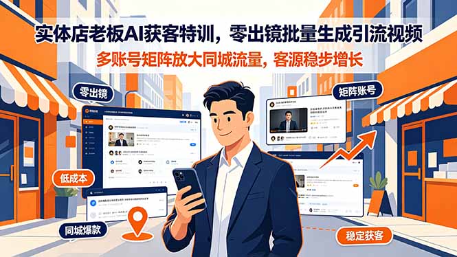 实体店老板AI获客特训,零出镜批量生成引流视频,多账号矩阵放大同城流量,客源稳步增长 - 严选资源大全