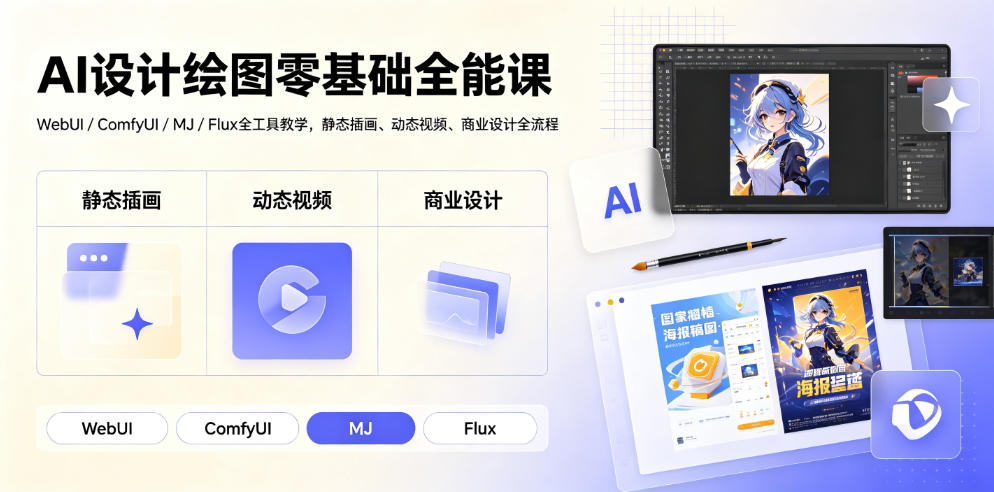 AI设计绘图零基础全能课｜WebUI/ComfyUI/MJ/Flux全工具教学，静态插画、动态视频、商业设计全流程 - 严选资源大全