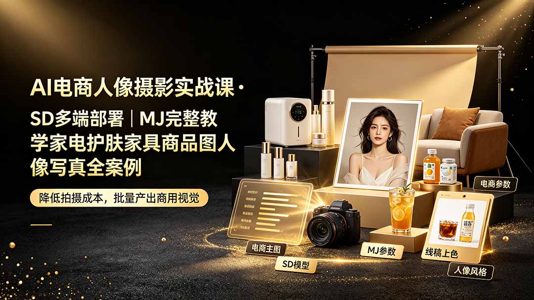 AI电商人像摄影实战课·SD多端部署|MJ完整教学|家电护肤家具商品图人像写真全案例 - 严选资源大全