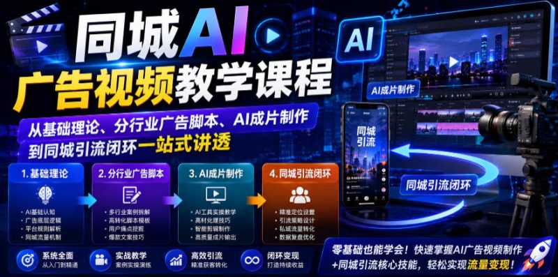 同城AI广告视频教学课程，从基础理论、分行业广告脚本、AI成片制作到同城引流闭环一站式讲透 - 严选资源大全 - 严选资源大全