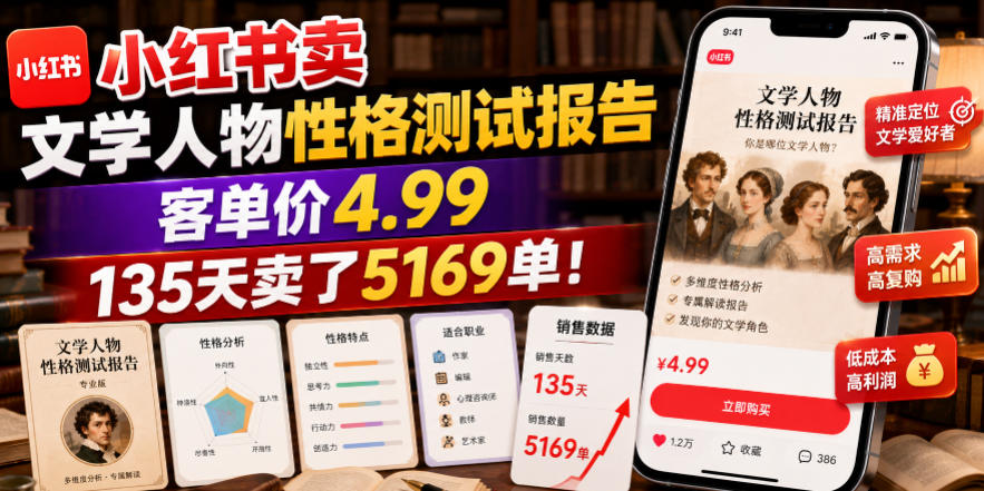 小红书卖文学人物性格测试报告,客单价4.99,135天卖了5169单! - 严选资源大全