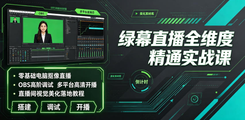 绿幕直播全维度精通实战课|零基础电脑抠像直播、OBS高阶调试、多平台高清开播、直播间视觉美化落地教程 - 严选资源大全