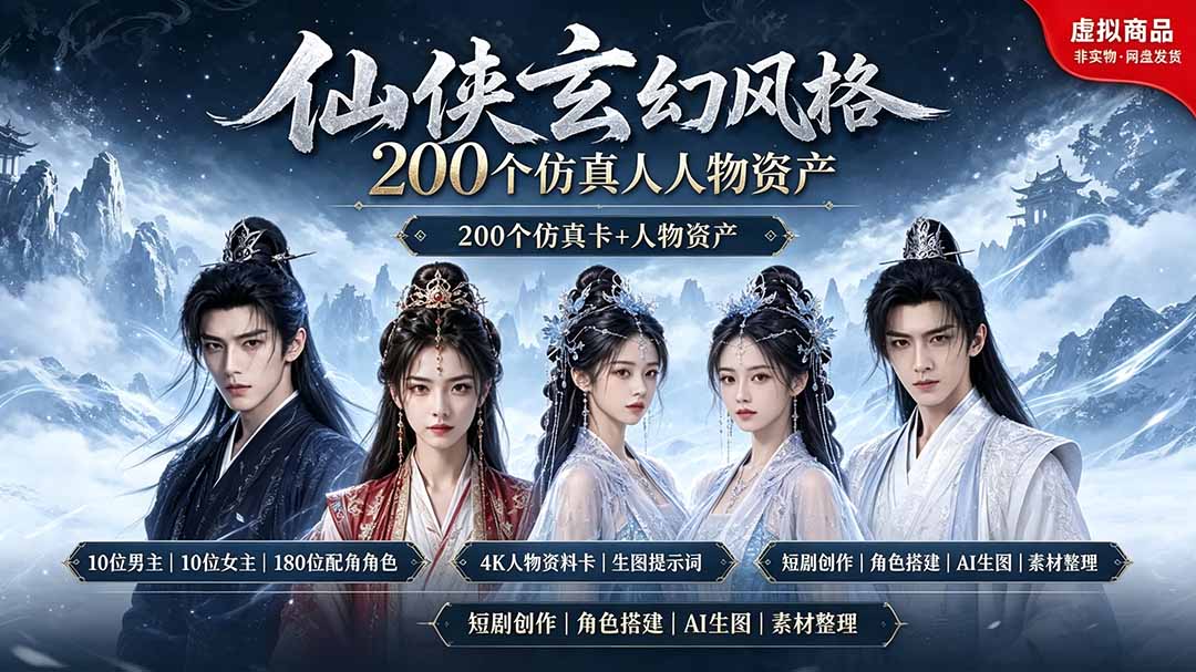 200个仙侠玄幻仿真人素材◆10男主×10女主×180配角,4K资料卡+AI生图提示词,漫剧必备 - 严选资源大全