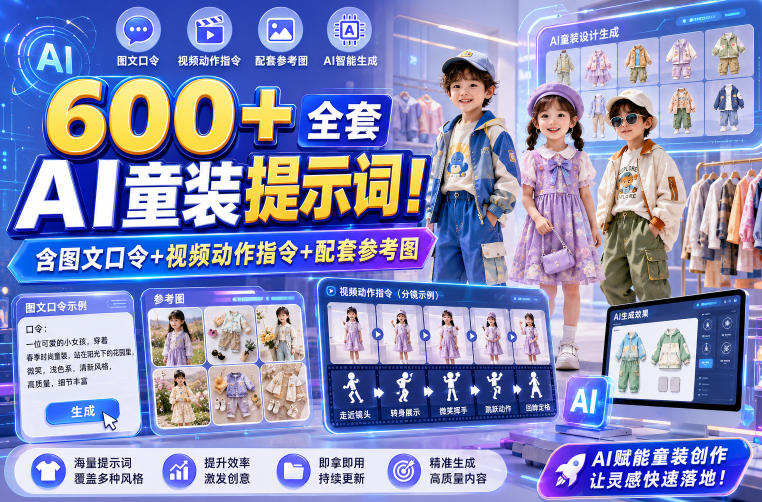 600+全套AI童装提示词！含图文口令+视频动作指令+配套参考图，Word-Excel规整分类，童装电商、种草无脑量产内容！ - 严选资源大全