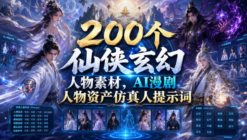 200个仙侠玄幻人物素材,AI漫剧人物资产仿真人提示词 - 严选资源大全