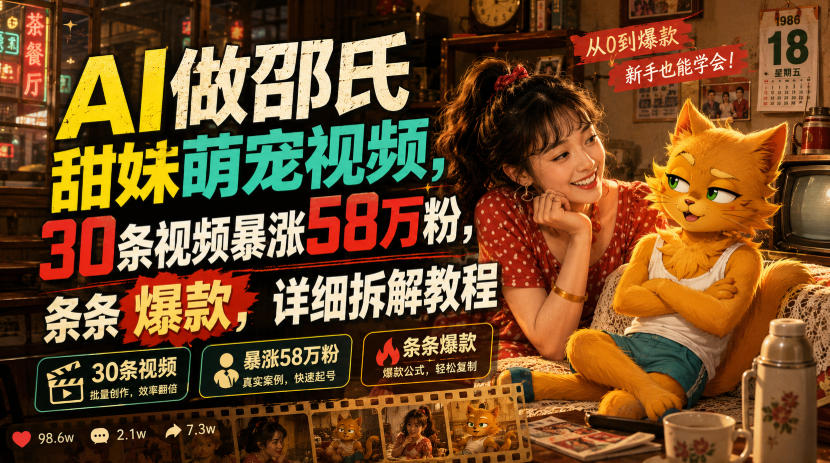 AI做邵氏甜妹萌宠视频，30条视频暴涨58万粉，条条爆款，详细拆解教程 - 严选资源大全