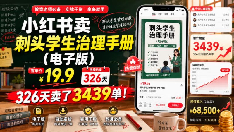 小红书卖刺头学生治理手册(电子版),客单价19.9,326天卖了3439单! - 严选资源大全 - 严选资源大全