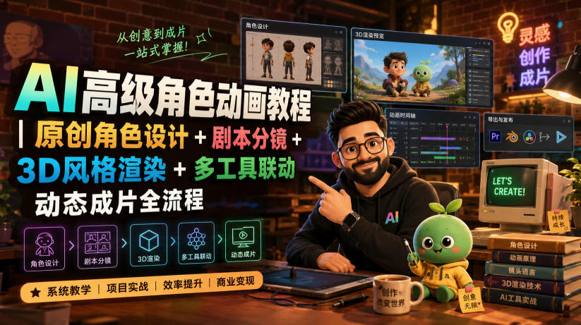 AI高级角色动画教程|原创角色设计+剧本分镜+3D风格渲染+多工具联动动态成片全流程【中英字幕】 - 严选资源大全