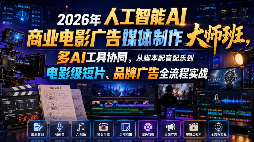 2026年人工智能AI商业电影广告媒体制作大师班,多AI工具协同,从脚本配音配乐到电影级短片、品牌广告全流程实战(中英字幕) - 严选资源大全