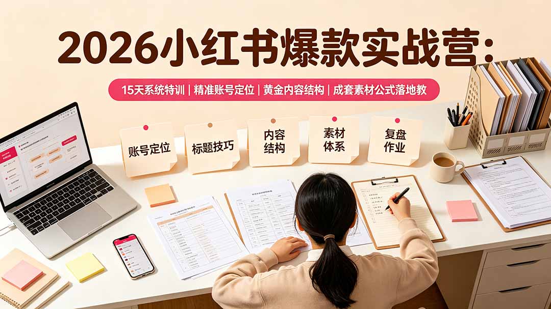 2026小红书爆款实战营：15天系统特训｜精准账号定位｜黄金内容结构｜成套素材公式落地教程 - 严选资源大全