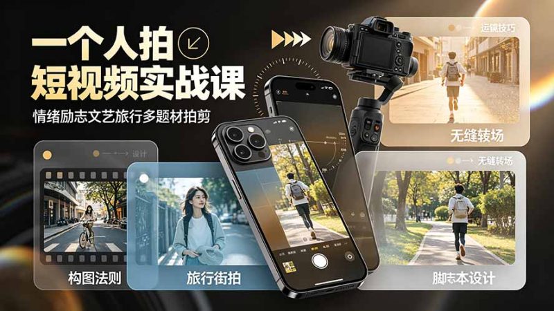 一个人拍短视频实战课：情绪励志文艺旅行多题材×五大景别×黄金构图×八大运镜，从拍摄到成片高效创作 - 严选资源大全 - 严选资源大全