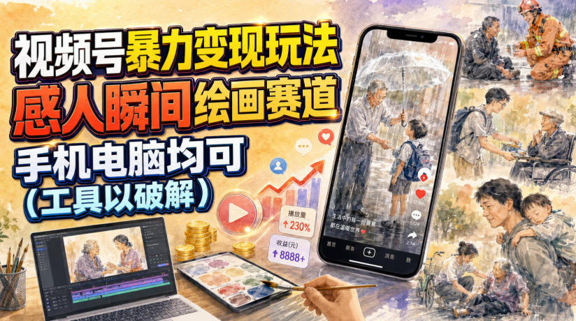 视频号暴力变现玩法，感人瞬间绘画赛道，手机电脑均可 - 严选资源大全