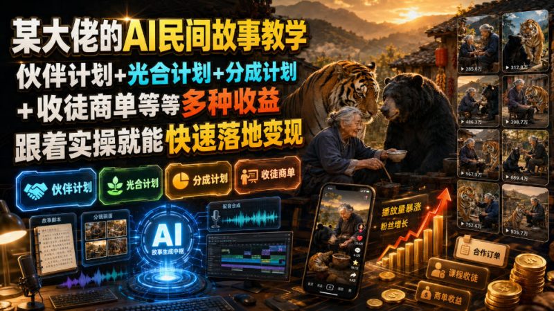 某大佬的AI民间故事教学,伙伴计划+光合计划+分成计划+收徒商单等多种收益,跟着实操就能快速落地变现 - 严选资源大全 - 严选资源大全