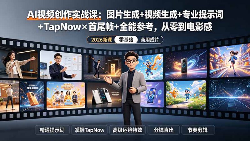 AI视频创作实战课：图片生成+视频生成+专业提示词+TapNow×首尾帧+全能参考，从零到电影感成片 - 严选资源大全 - 严选资源大全