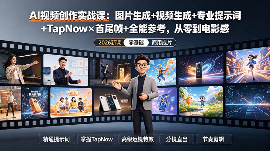 AI视频创作实战课:图片生成+视频生成+专业提示词+TapNow×首尾帧+全能参考,从零到电影感成片 - 严选资源大全