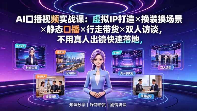 AI口播视频实战课:虚拟IP打造×换装换场景×静态口播×行走带货×双人访谈,不用真人出镜快速落地 - 严选资源大全 - 严选资源大全
