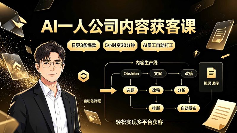 AI一人公司内容获客课：日更3条爆款×5小时变30分钟×AI员工自动打工，轻松实现多平台获客 - 严选资源大全 - 严选资源大全